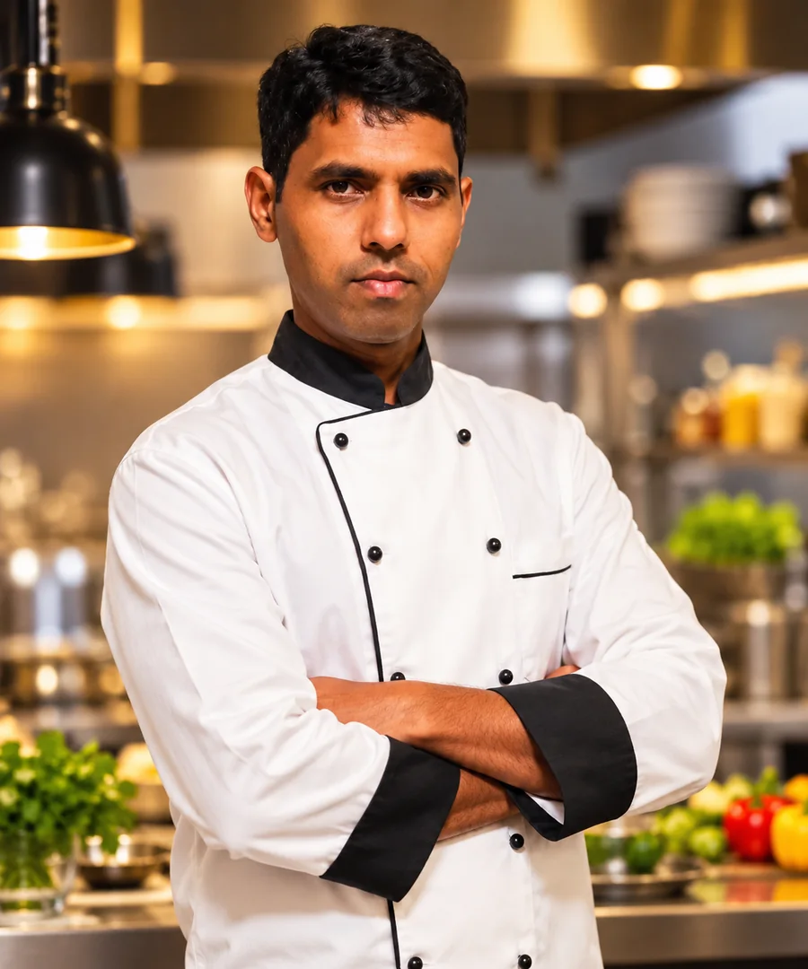 Chef Hari Babu in his chef's whites in the kitchen