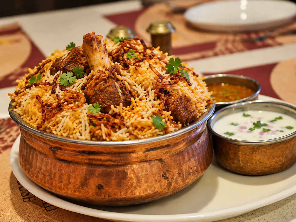 Hyderabadi mutton dum biryani in a copper handi